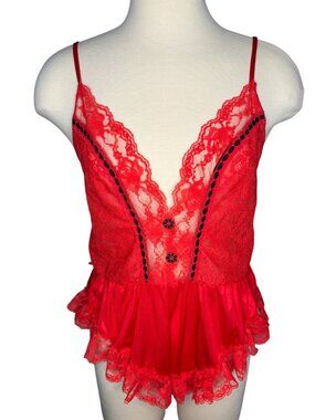 Vintage Red Lace Nylon Ruffles Black Ribbon Teddy Bodysuit Lingerie Size Medium